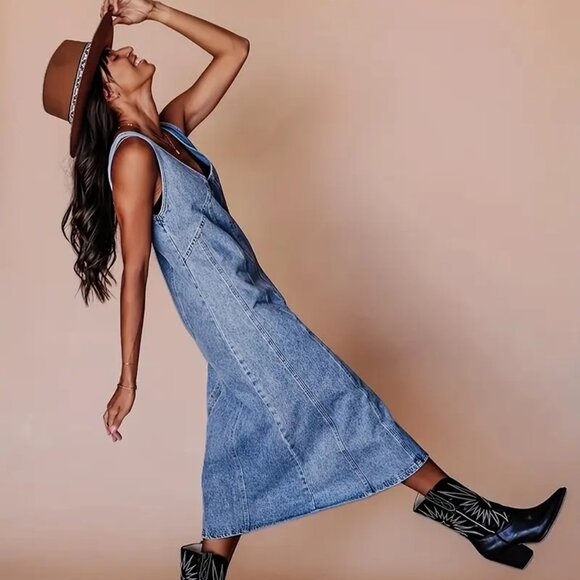 V-Neck Side Zip Denim Dress - Picture 1 of 6